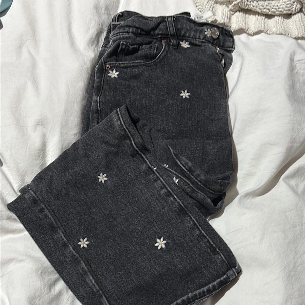 Black and White Straight Leg Jeans with Embroidery